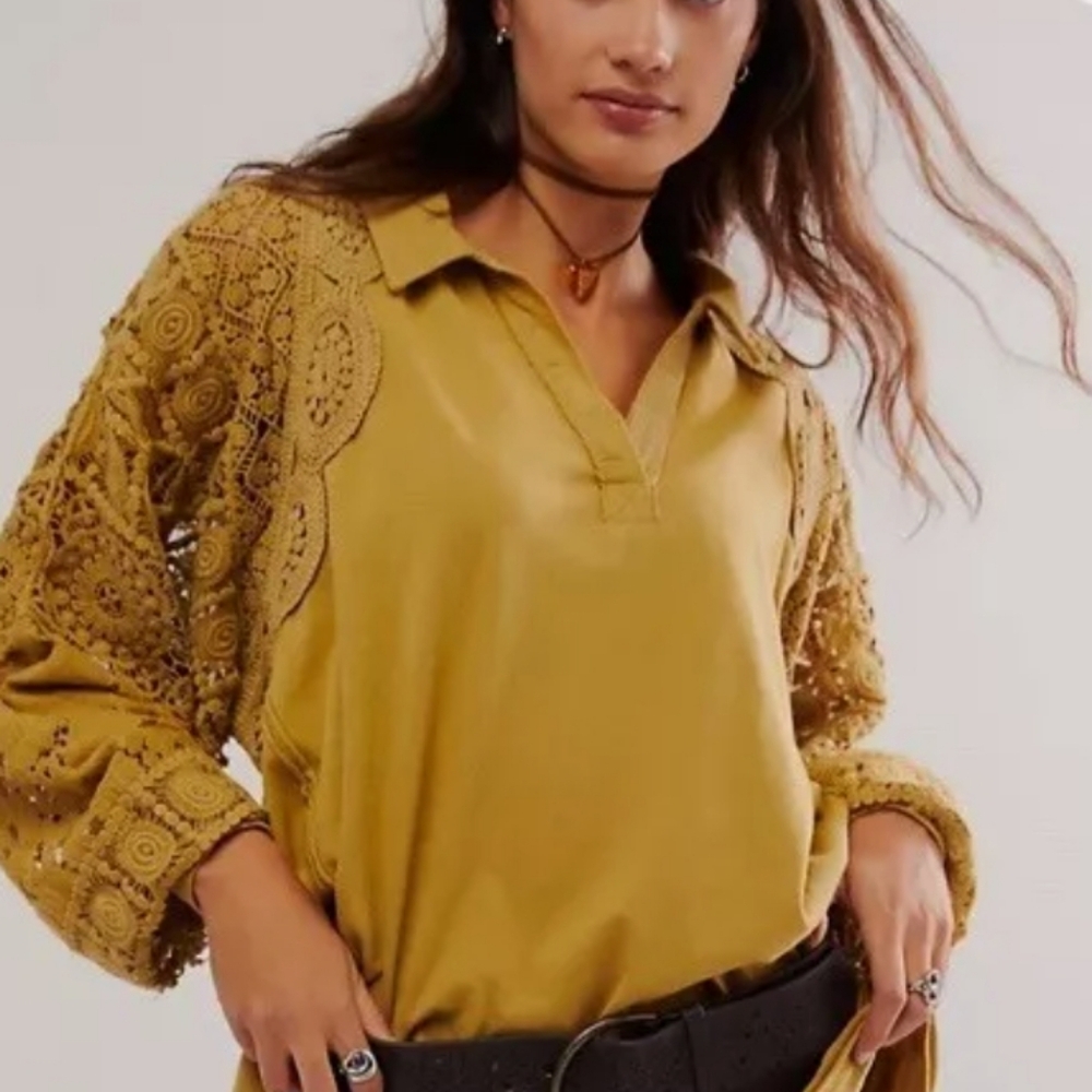 Free People Yellow Long Sleeve Embellished Blouse with Polo Collar